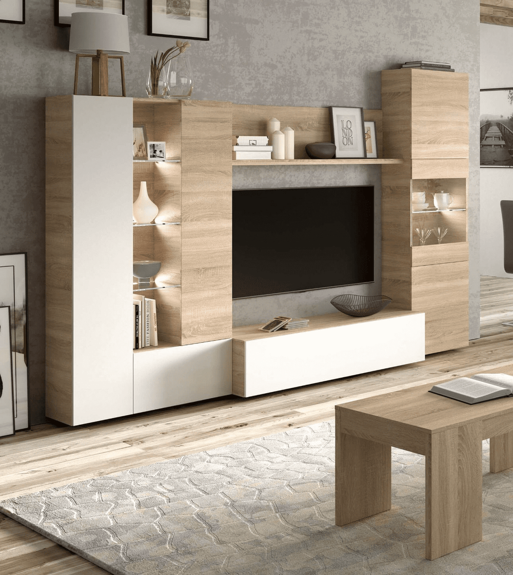 Amora White and Oak Wall Entertainment Unit with LED Lights – Modern Reversible TV Cabinet, W260cm x H185cm x D42cm, Contemporary Living Room Storage - My Store
