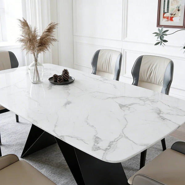 Amsterdam Sintered Stone Dining Table, Modern Rectangular Dining Table with Carbon Steel Frame, White and Black Kitchen & Dining Table - Sleek Furniture