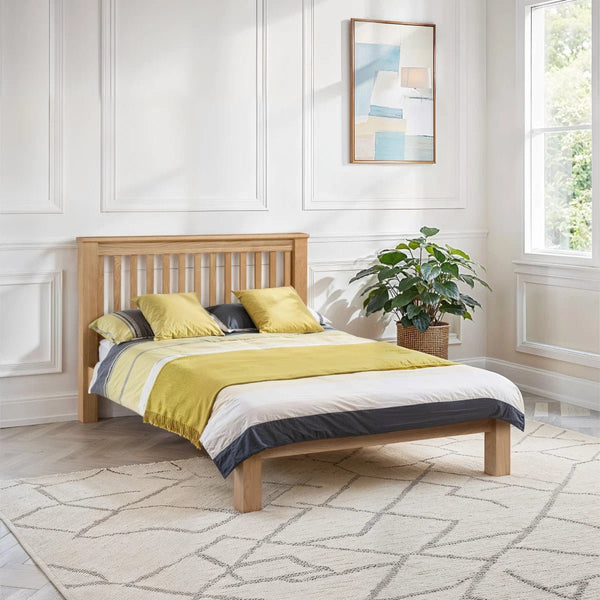 Amsterdam Solid Oak Shaker Bed Frame – Low Foot End – White Oak & Oak Veneers – Sprung Slatted Base - Sleek Furniture