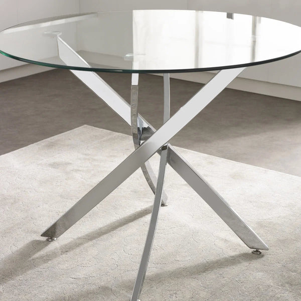 Anderson Round Tempered Glass Dining Table with Chrome Crossover Base – Modern 100cm Circular Kitchen & Dining Table - Sleek Furniture