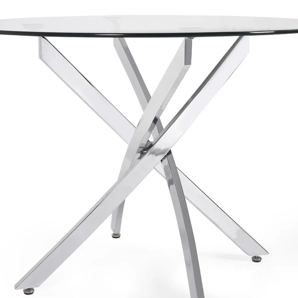 Anderson Round Tempered Glass Dining Table with Chrome Crossover Base – Modern 100cm Circular Kitchen & Dining Table - Sleek Furniture