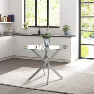 Anderson Round Tempered Glass Dining Table with Chrome Crossover Base – Modern 100cm Circular Kitchen & Dining Table - Sleek Furniture
