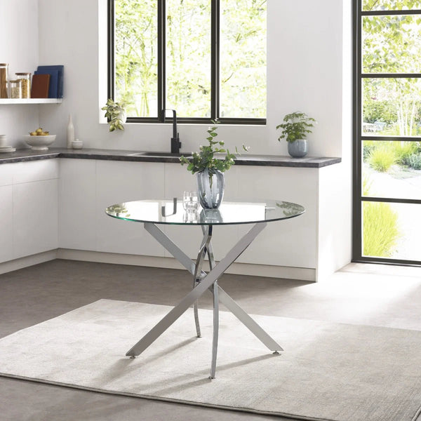 Anderson Round Tempered Glass Dining Table with Chrome Crossover Base – Modern 100cm Circular Kitchen & Dining Table - Sleek Furniture