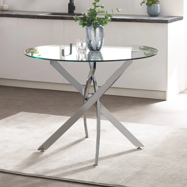 Anderson Round Tempered Glass Dining Table with Chrome Crossover Base – Modern 100cm Circular Kitchen & Dining Table - Sleek Furniture
