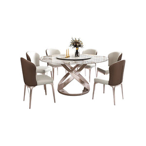 Androme Round Dining Table & Chairs Set with Rotatable Tray, Modern White & Rose Gold Dining Table Set for 4, Sintered Stone Top Dining Room Furniture - Sleek Furniture