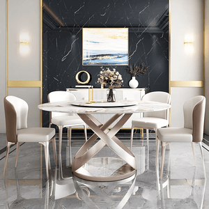 Androme Round Dining Table & Chairs Set with Rotatable Tray, Modern White & Rose Gold Dining Table Set for 4, Sintered Stone Top Dining Room Furniture - Sleek Furniture