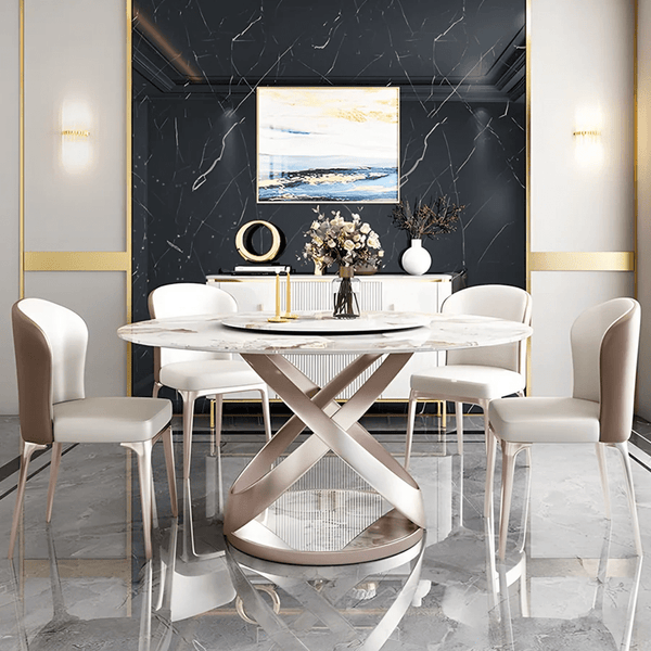 Androme Round Dining Table & Chairs Set with Rotatable Tray, Modern White & Rose Gold Dining Table Set for 4, Sintered Stone Top Dining Room Furniture - Sleek Furniture