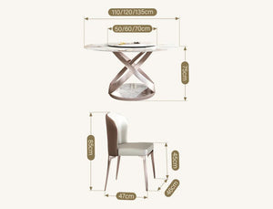 Androme Round Dining Table & Chairs Set with Rotatable Tray, Modern White & Rose Gold Dining Table Set for 4, Sintered Stone Top Dining Room Furniture - Sleek Furniture