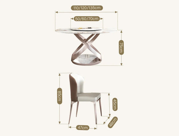 Androme Round Dining Table & Chairs Set with Rotatable Tray, Modern White & Rose Gold Dining Table Set for 4, Sintered Stone Top Dining Room Furniture - Sleek Furniture
