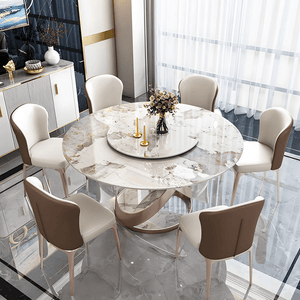 Androme Round Dining Table & Chairs Set with Rotatable Tray, Modern White & Rose Gold Dining Table Set for 4, Sintered Stone Top Dining Room Furniture - Sleek Furniture