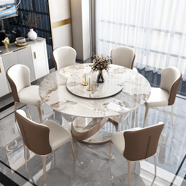 Androme Round Dining Table & Chairs Set with Rotatable Tray, Modern White & Rose Gold Dining Table Set for 4, Sintered Stone Top Dining Room Furniture - Sleek Furniture