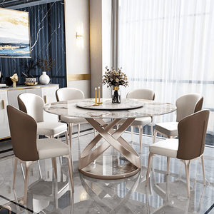 Androme Round Dining Table & Chairs Set with Rotatable Tray, Modern White & Rose Gold Dining Table Set for 4, Sintered Stone Top Dining Room Furniture - Sleek Furniture