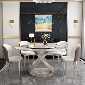 Androme Round Dining Table & Chairs Set with Rotatable Tray, Modern White & Rose Gold Dining Table Set for 4, Sintered Stone Top Dining Room Furniture - Sleek Furniture