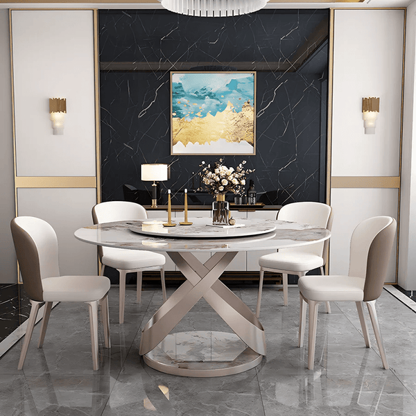 Androme Round Dining Table & Chairs Set with Rotatable Tray, Modern White & Rose Gold Dining Table Set for 4, Sintered Stone Top Dining Room Furniture - Sleek Furniture