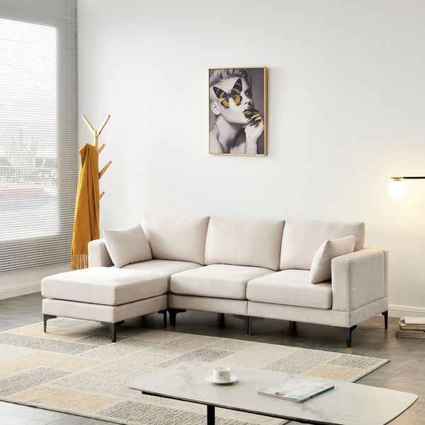 Anek 3-Seater Sofa, Beige Fabric | Modern Comfort with Metal Legs