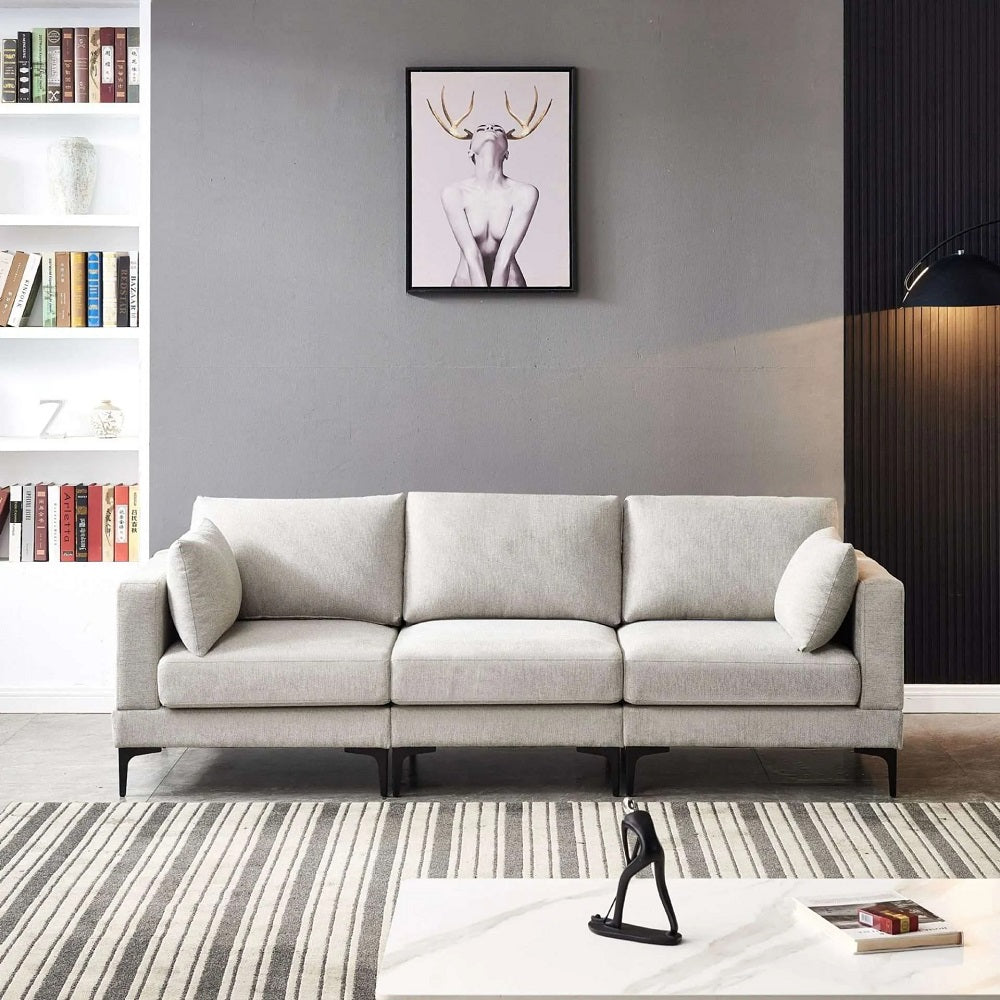 Anek 3-Seater Sofa with Ottoman, Grey Fabric | Modern Comfort & Flexible Design