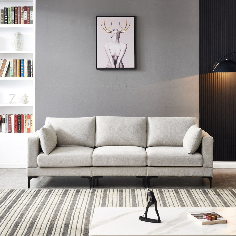 Anek 3-Seater Sofa, Grey Fabric | Modern Comfort with Metal Legs