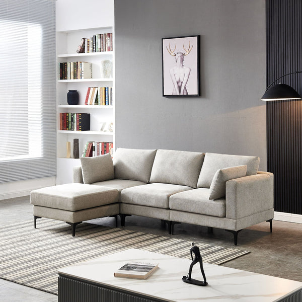 Anek 3-Seater Sofa with Ottoman, Grey Fabric | Modern Comfort & Flexible Design