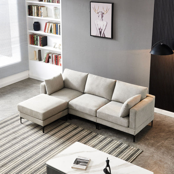 Anek 3-Seater Sofa with Ottoman, Grey Fabric | Modern Comfort & Flexible Design