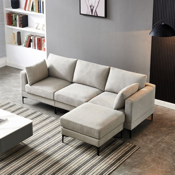 Anek 3-Seater Sofa with Ottoman, Grey Fabric | Modern Comfort & Flexible Design