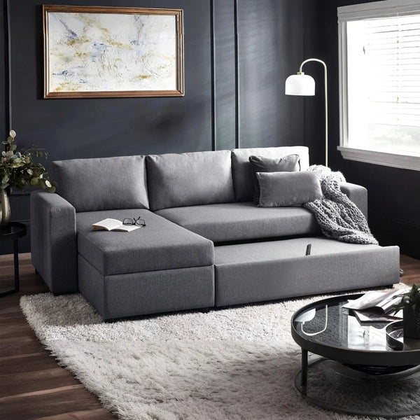 Angel Linen Sofa Bed with Storage – Light Grey Pull-Out Sleeper Sofa - Sleek Furniture
