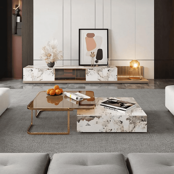 AnMoo Nesting Coffee Table Set with TV Stand, Sintered Stone Top Living Room Furniture, Gold Base Modern Coffee Table & Entertainment Unit Set - Sleek Furniture