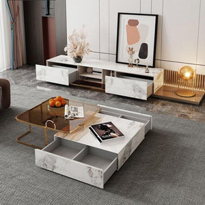 AnMoo Nesting Coffee Table Set with TV Stand, Sintered Stone Top Living Room Furniture, Gold Base Modern Coffee Table & Entertainment Unit Set - Sleek Furniture