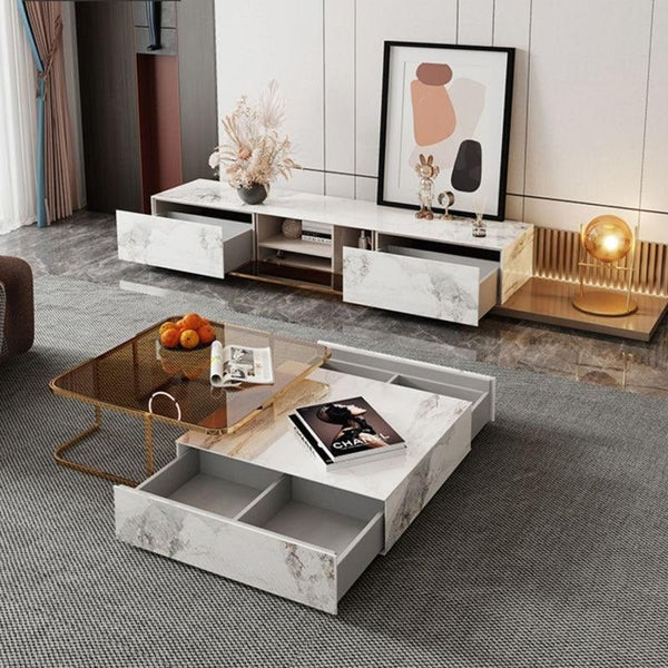 AnMoo Nesting Coffee Table Set with TV Stand, Sintered Stone Top Living Room Furniture, Gold Base Modern Coffee Table & Entertainment Unit Set - Sleek Furniture