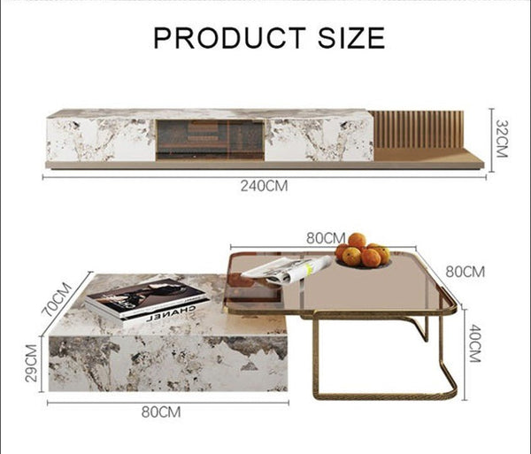 AnMoo Nesting Coffee Table Set with TV Stand, Sintered Stone Top Living Room Furniture, Gold Base Modern Coffee Table & Entertainment Unit Set - Sleek Furniture
