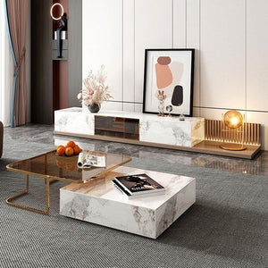 AnMoo Nesting Coffee Table Set with TV Stand, Sintered Stone Top Living Room Furniture, Gold Base Modern Coffee Table & Entertainment Unit Set - Sleek Furniture