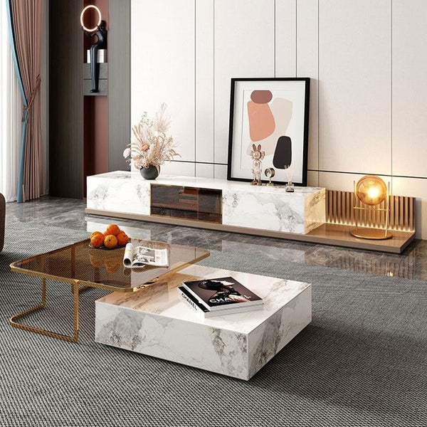 AnMoo Nesting Coffee Table Set with TV Stand, Sintered Stone Top Living Room Furniture, Gold Base Modern Coffee Table & Entertainment Unit Set - Sleek Furniture