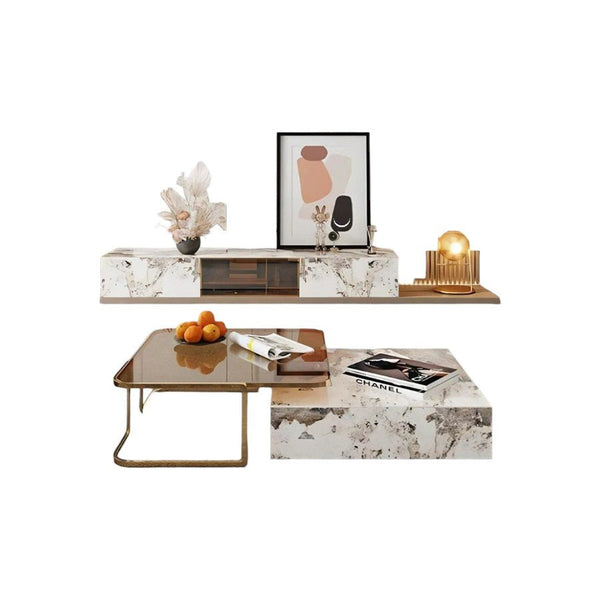 AnMoo Nesting Coffee Table Set with TV Stand, Sintered Stone Top Living Room Furniture, Gold Base Modern Coffee Table & Entertainment Unit Set - Sleek Furniture