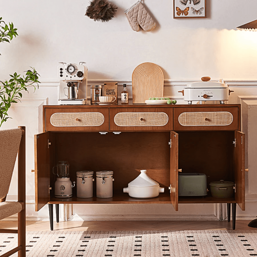 Antonio Long Solid Wood Sideboard – 140cm Walnut Finish Modern Storage Cabinet with Spacious Drawers & Cabinets – Contemporary Wooden Sideboard for Living Room, Dining Room & Hallway - Sleek Furniture