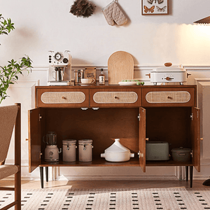 Antonio Long Solid Wood Sideboard – 140cm Walnut Finish Modern Storage Cabinet with Spacious Drawers & Cabinets – Contemporary Wooden Sideboard for Living Room, Dining Room & Hallway - Sleek Furniture