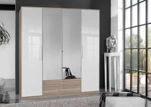 Anzo 4 Door Wardrobe in White Gloss & Oak Effect – Modern Bedroom Storage with Shelves & Hanging Rails, 199cm H x 180cm W x 58cm D - My Store