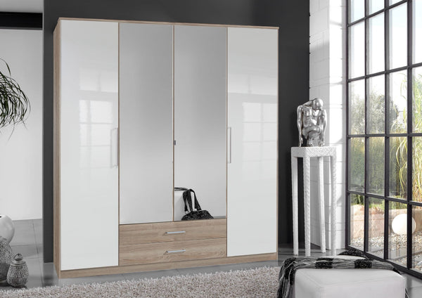 Anzo 4 Door Wardrobe in White Gloss & Oak Effect – Modern Bedroom Storage with Shelves & Hanging Rails, 199cm H x 180cm W x 58cm D - My Store