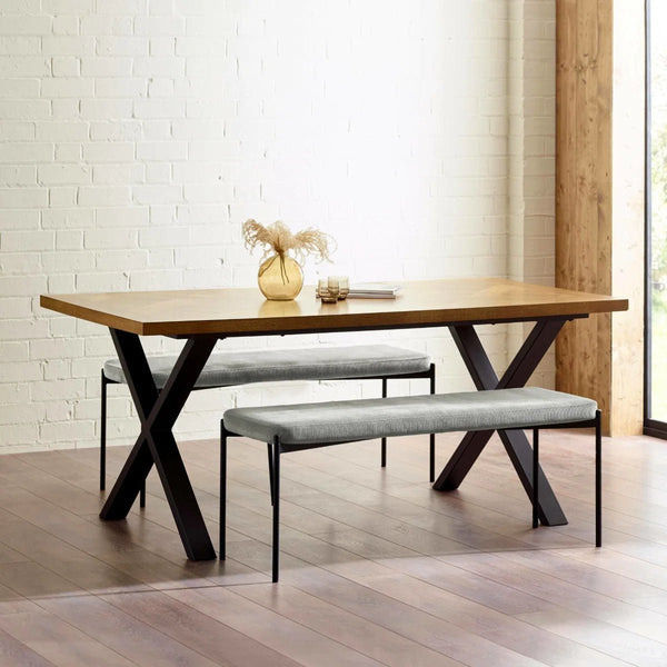 Aron 180cm Herringbone Wooden Dining Table with Black Cross Metal Legs - Sleek Furniture