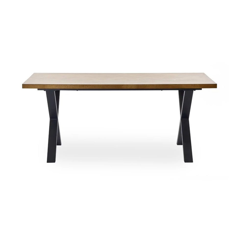 Aron 180cm Herringbone Wooden Dining Table with Black Cross Metal Legs - Sleek Furniture