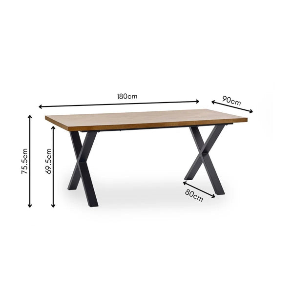Aron 180cm Herringbone Wooden Dining Table with Black Cross Metal Legs - Sleek Furniture
