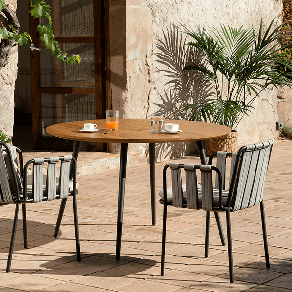 Artemis Outdoor Round Dining Table Set with Cushioned Chairs, Modern Patio Garden Furniture Set, Solid Wood & Aluminium Outdoor Dining Table and Chairs, Light Grey & Black - Sleek Furniture