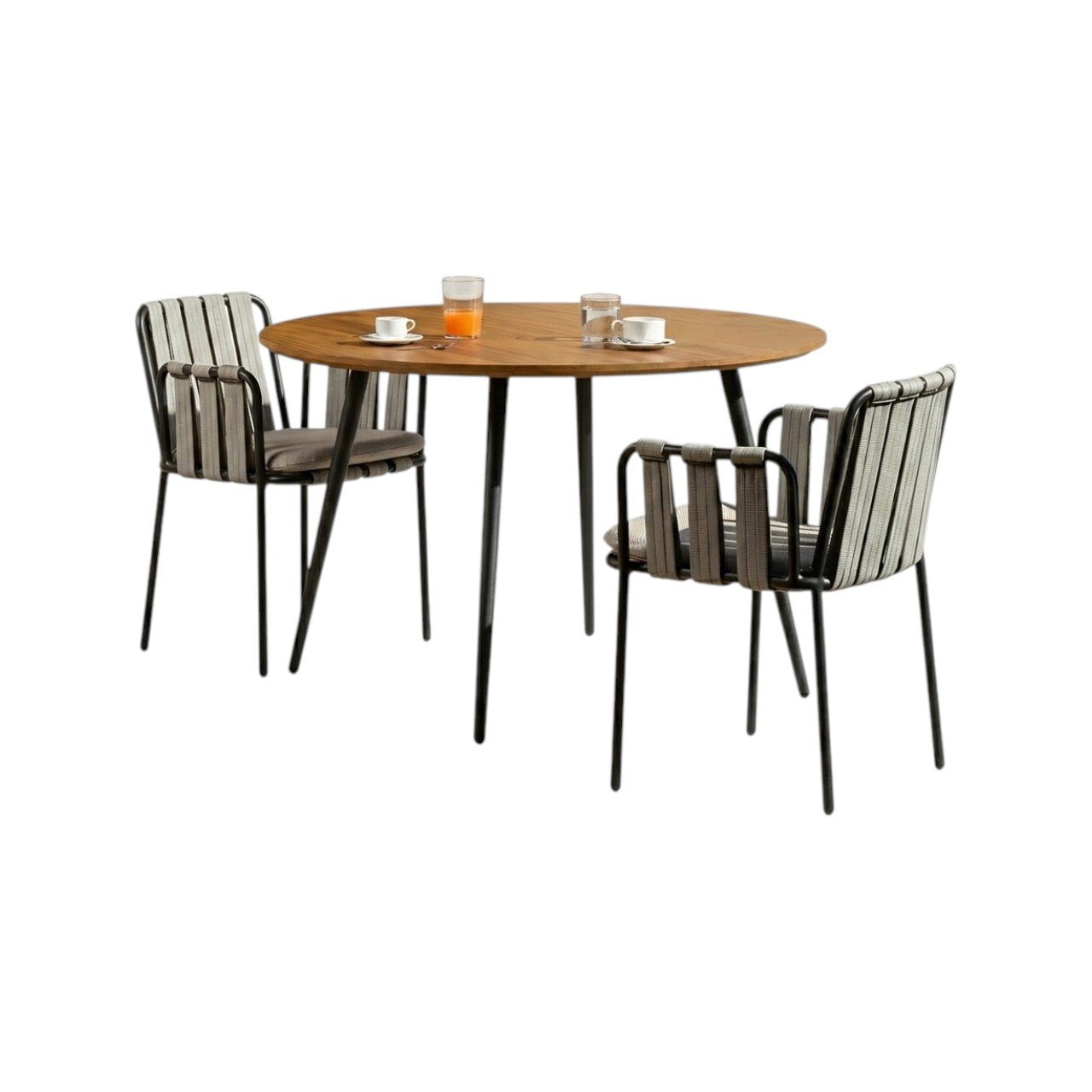 Artemis Outdoor Round Dining Table Set Cushioned Chairs Modern Patio Garden Furniture Set Solid Wood & Aluminium Outdoor Dining Table Chairs Light Grey & Black