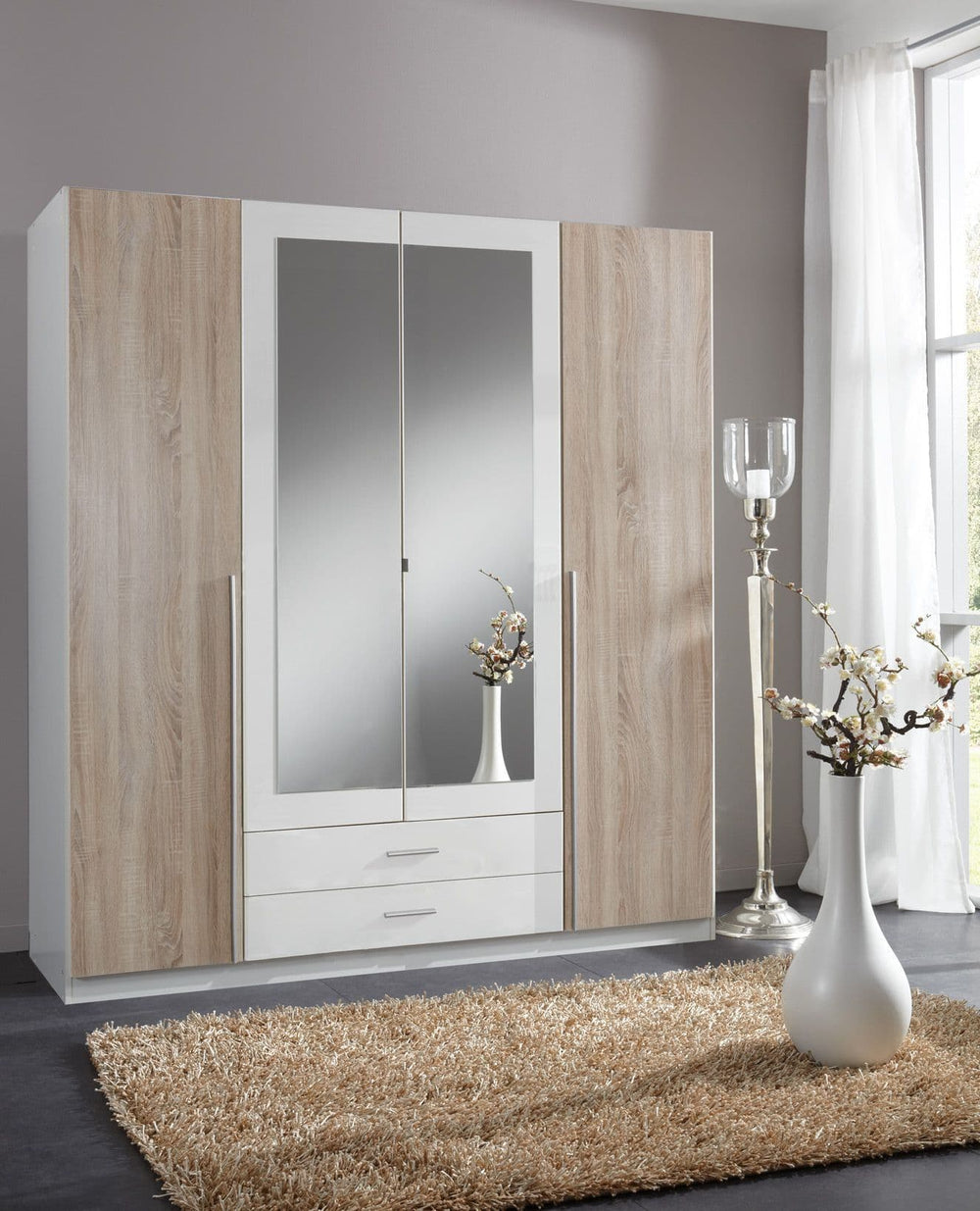 Artic White & Oak Effect 4-Door 2-Drawer Wardrobe with Mirrored Doors – Modern Bedroom Storage Cabinet, 180cm Wide - My Store
