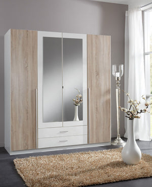 Artic White & Oak Effect 4-Door 2-Drawer Wardrobe with Mirrored Doors – Modern Bedroom Storage Cabinet, 180cm Wide - My Store
