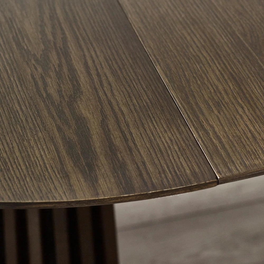 Arya Dark Oak Extending Dining Table – Japandi Round to Oval MDF Veneer Dining Table (200cm) - Sleek Furniture