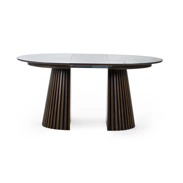 Arya Dark Oak Extending Dining Table – Japandi Round to Oval MDF Veneer Dining Table (200cm) - Sleek Furniture