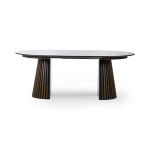 Arya Dark Oak Extending Dining Table – Japandi Round to Oval MDF Veneer Dining Table (200cm) - Sleek Furniture