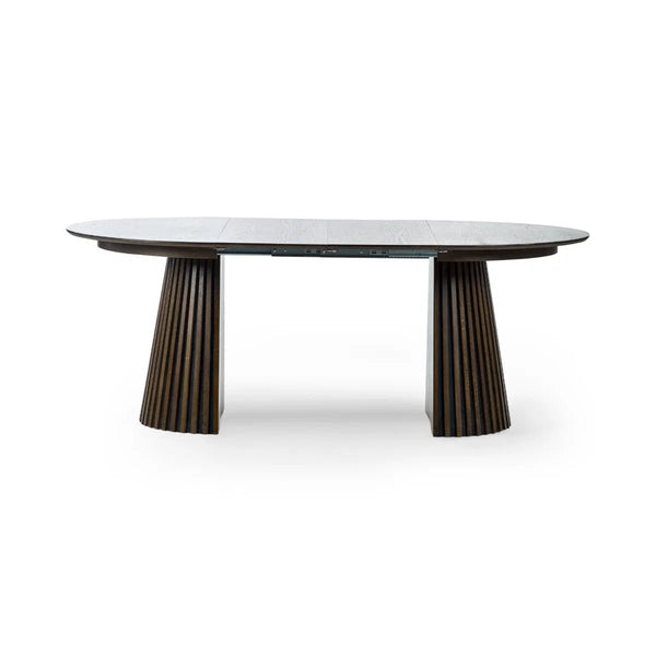 Arya Dark Oak Extending Dining Table – Japandi Round to Oval MDF Veneer Dining Table (200cm) - Sleek Furniture