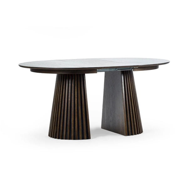 Arya Dark Oak Extending Dining Table – Japandi Round to Oval MDF Veneer Dining Table (200cm) - Sleek Furniture