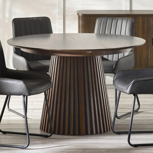 Arya Dark Oak Extending Dining Table – Japandi Round to Oval MDF Veneer Dining Table (200cm) - Sleek Furniture