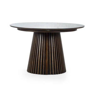 Arya Dark Oak Extending Dining Table – Japandi Round to Oval MDF Veneer Dining Table (200cm) - Sleek Furniture